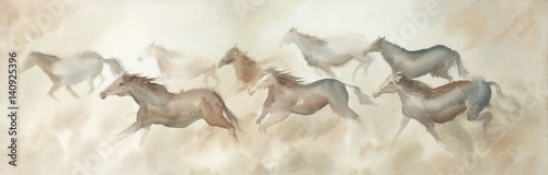 Herd of horses ridding watercolor