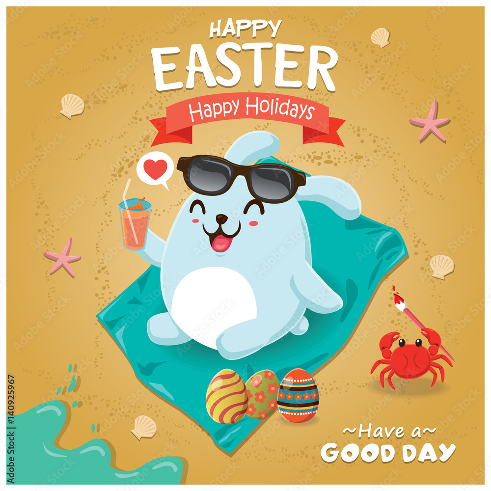 Naklejka premium Vintage Easter poster beach design with Easter rabbit