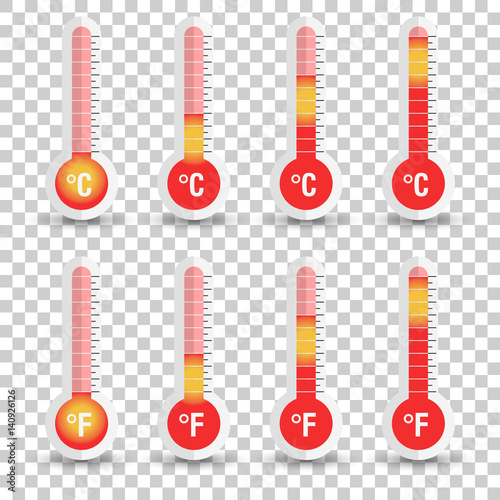 Celsius and Fahrenheit thermometers icon with different levels. Flat vector illustration isolated on isolated background.