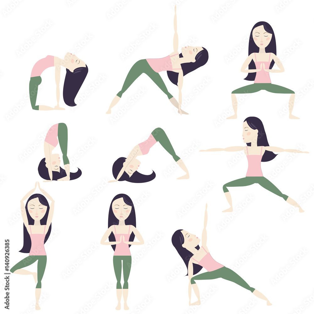 Cartoon Yoga Poses set. Black hair girl Stock Vector | Adobe Stock