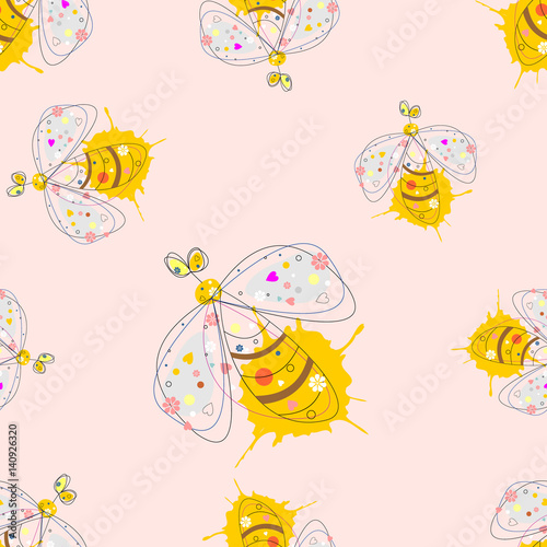 Vector seamless pattern with insect Hand drawn outline decorative endless background with cute drawn wasp Graphic illustration. Line drawing. Print for wrapping, background, decor