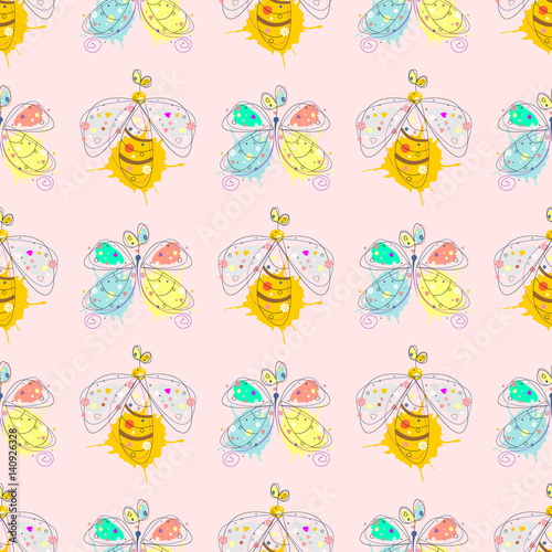 Vector seamless pattern with insect Hand drawn outline decorative endless background with cute drawn butterfly, wasp Graphic illustration. Line drawing. Print for wrapping, background, decor