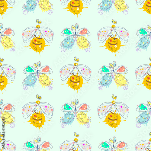 Vector seamless pattern with insect Hand drawn outline decorative endless background with cute drawn butterfly, wasp Graphic illustration. Line drawing. Print for wrapping, background, decor
