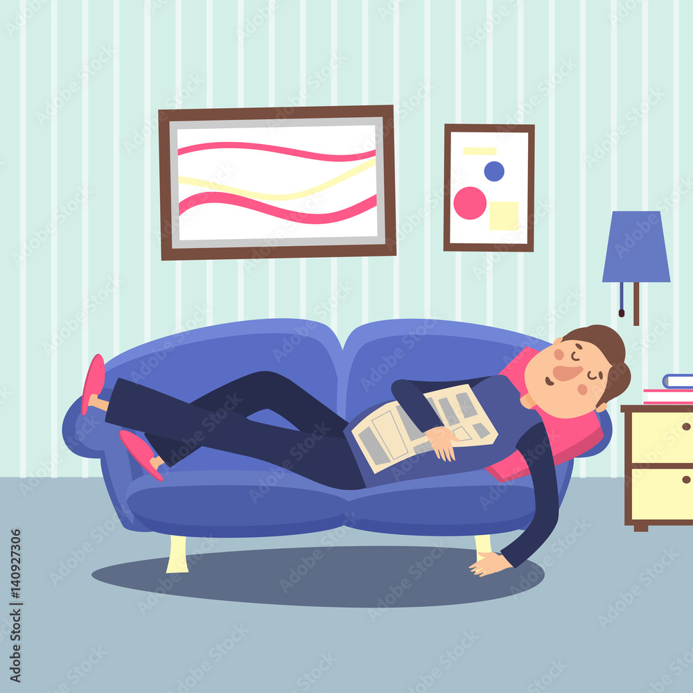 Funny sleeping man at home sofa with newspaper. Relaxing person vector illustration