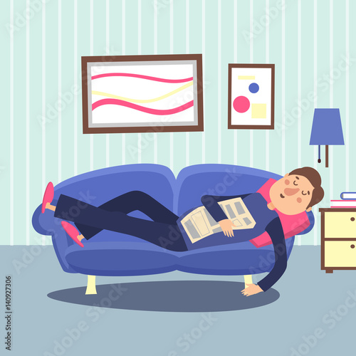 Funny sleeping man at home sofa with newspaper. Relaxing person vector illustration