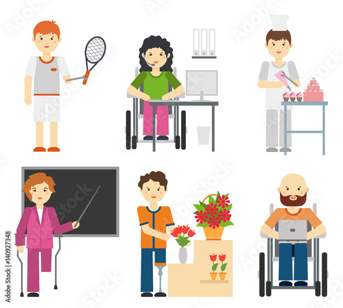 Disability young workers isolated on white background. Handicapped people at work, disabled occupations in wheelchair