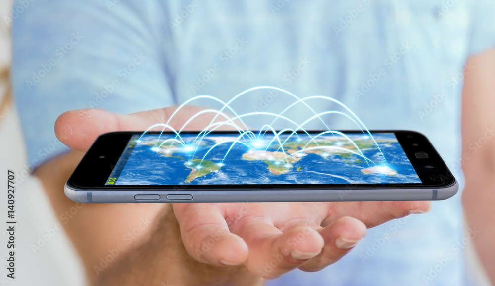 Businessman holding mobile phone with internet connection 3D rendering