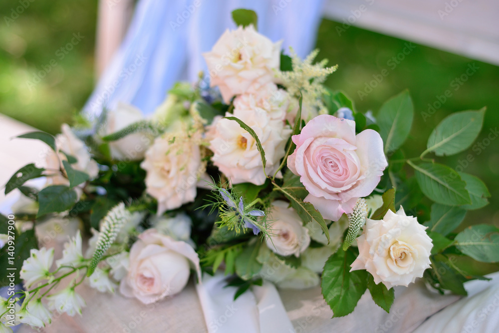 flower arrangement  with pink and white roses