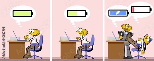 Ebullient or tired office worker. Charged or discharged batterie