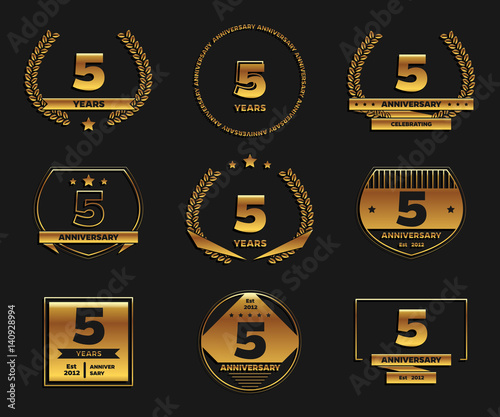 Five years anniversary celebration logotype. 5th anniversary gold logo set.