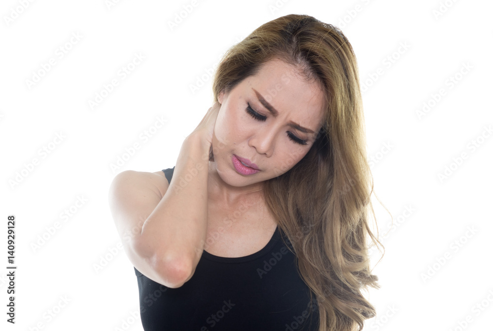 woman neck pain on white background woman neck pain on white background