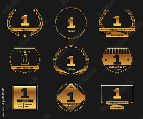 One year anniversary celebration logotype. 1st anniversary gold logo set.