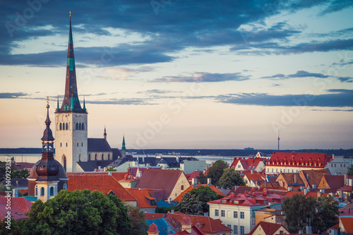 Spring cityscape of old town Tallinn at dusk, Estonia