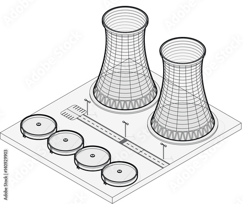 Vector isometric cooling system of nuclear power plant, isolated on white background. Cooling tower of power station. Concrete thermal power plant tower in outline stylization. Industrial architecture