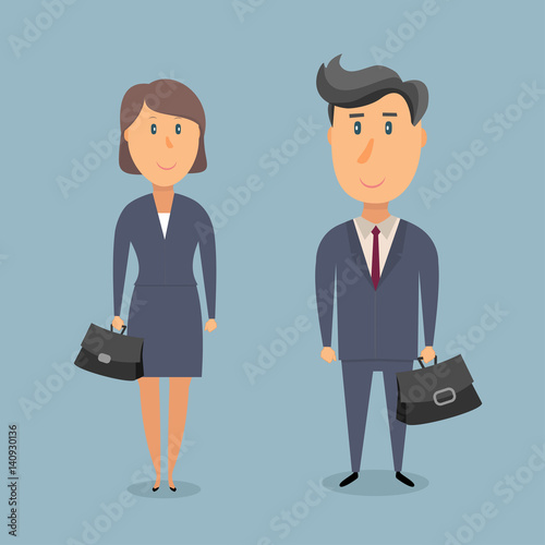 Businessman and businesswoman in gray business suits