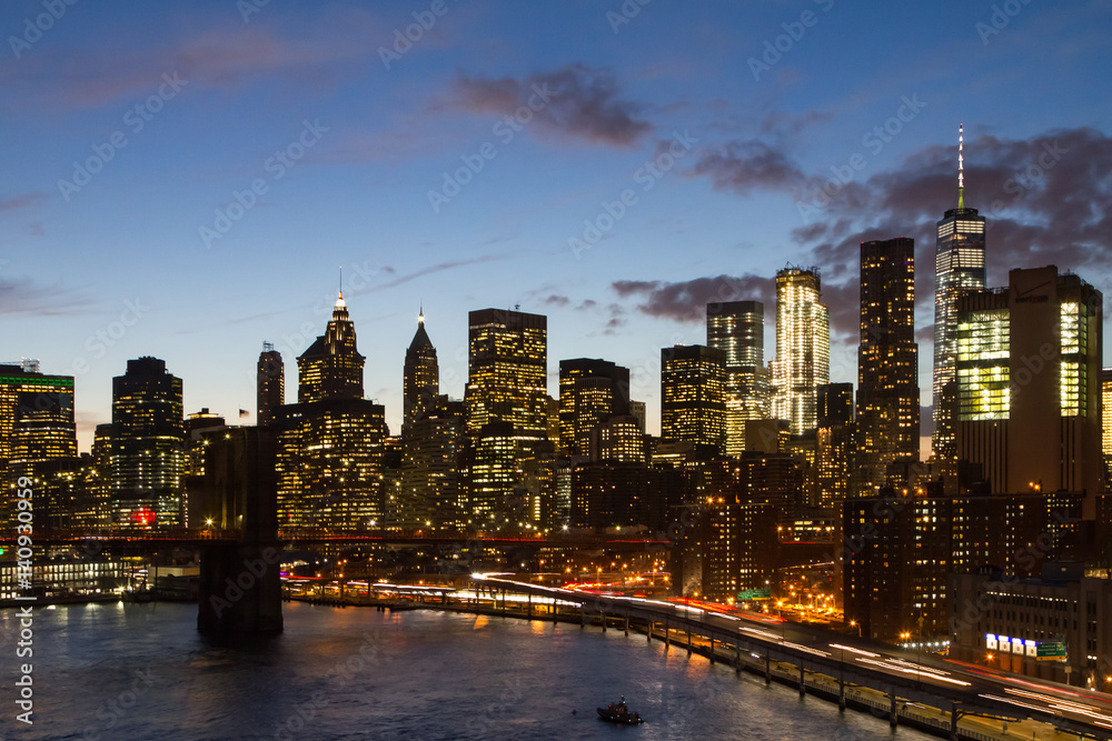 Manhattan Night Lights Skyline at Dusk in New York City NYC