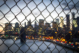 New York City Skyline Nights Lights Seen Through Chain Linked Fence