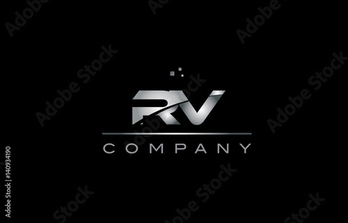 rv r v  silver grey metal metallic alphabet letter logo icon template