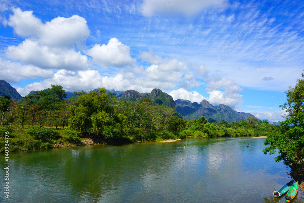 Nam Song river, mountain, and beautiful sky in Vang Vieng, Laos