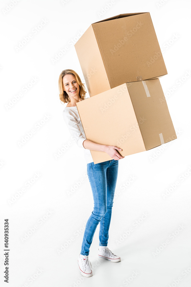 Young woman with boxes