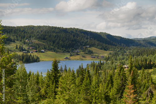 Fototapeta Naklejka Na Ścianę i Meble -  Blick über einen See in einem Ferienhausgebiet, Norwegen