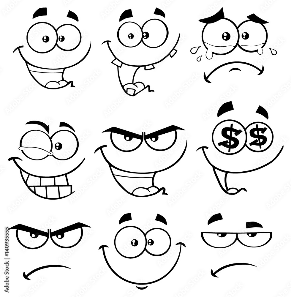 Black And White Cartoon Funny Face With Expression Set 1. Collection  Isolated On White Background Stock Vector | Adobe Stock