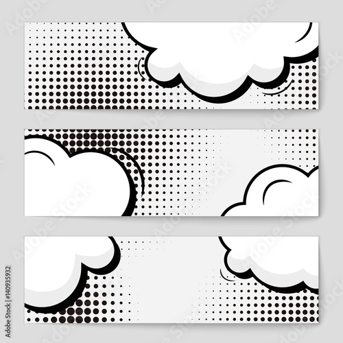 Abstract creative concept vector comic pop art style blank, layout template with clouds beams and isolated dots background. For sale banner, empty speech bubble set, illustration halftone book design.