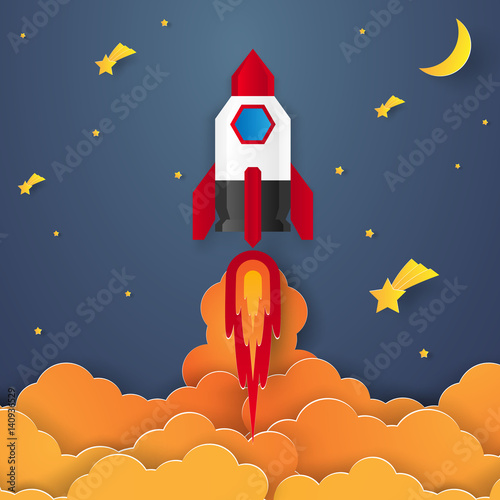 Start up concept , rocket , paper art style