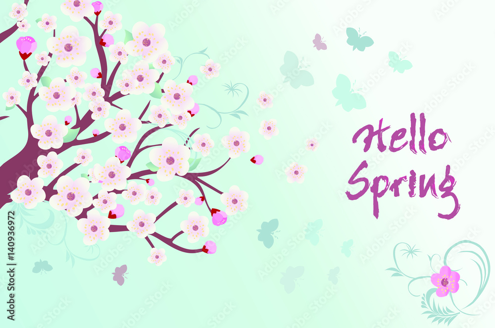 Spring landscape with branches of blooming tree with flower and butterfly Spring landscape with branches of blooming tree with flower and butterfly
