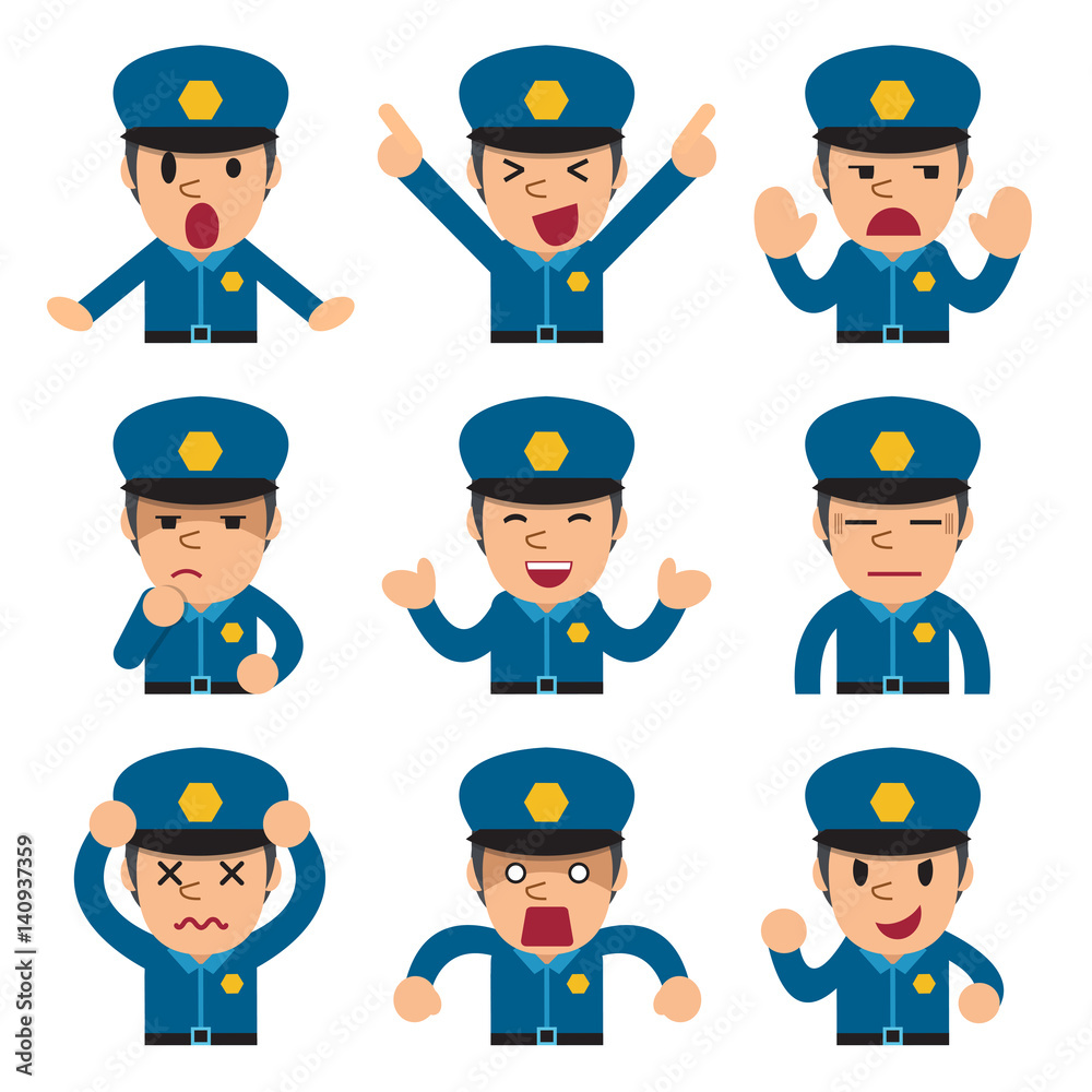 Cartoon policeman faces showing different emotions Cartoon policeman faces showing different emotions