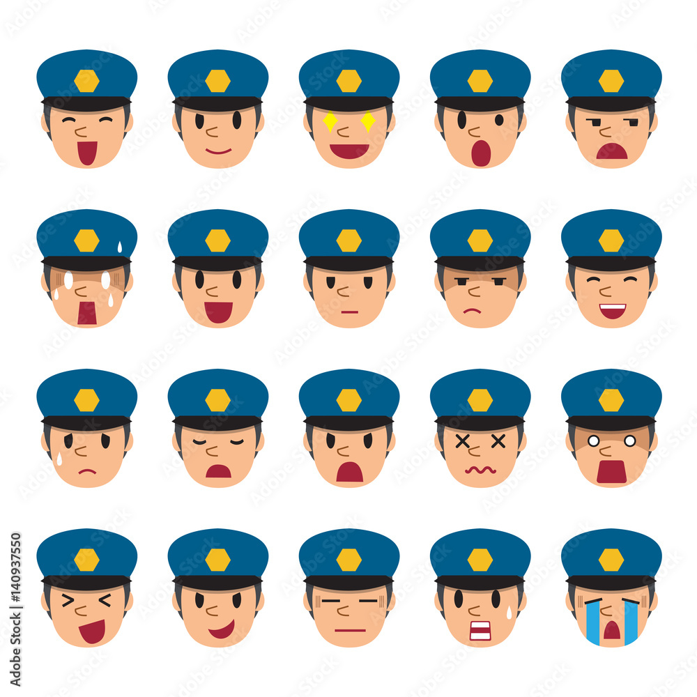 Set of policeman faces showing different emotions Set of policeman faces showing different emotions