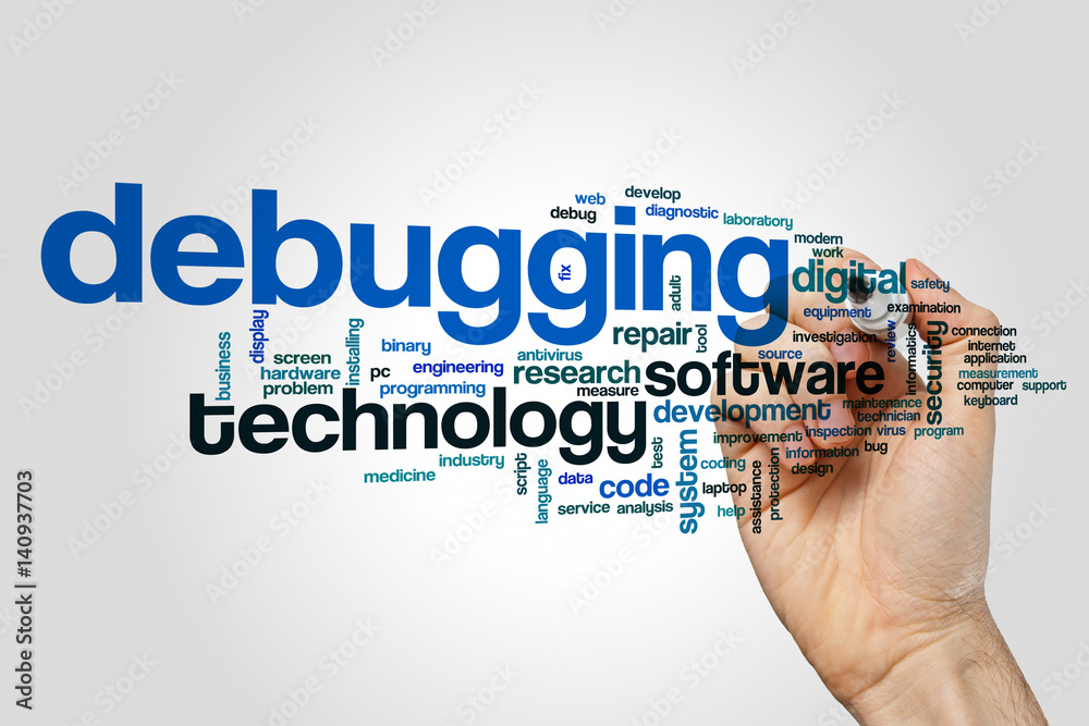 Debugging word cloud concept on grey background Debugging word cloud concept on grey background