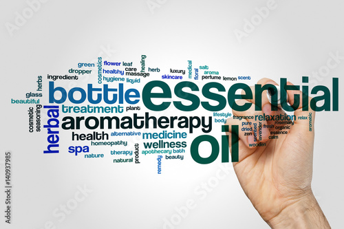 Essential oil word cloud concept on grey background © ibreakstock