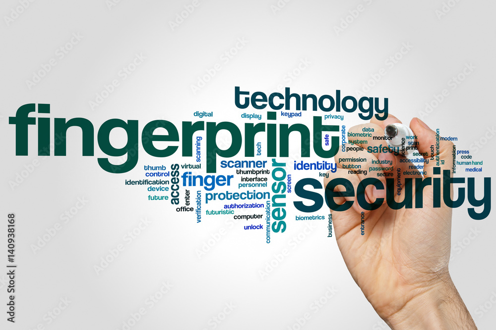 Fingerprint security word cloud concept  on grey background