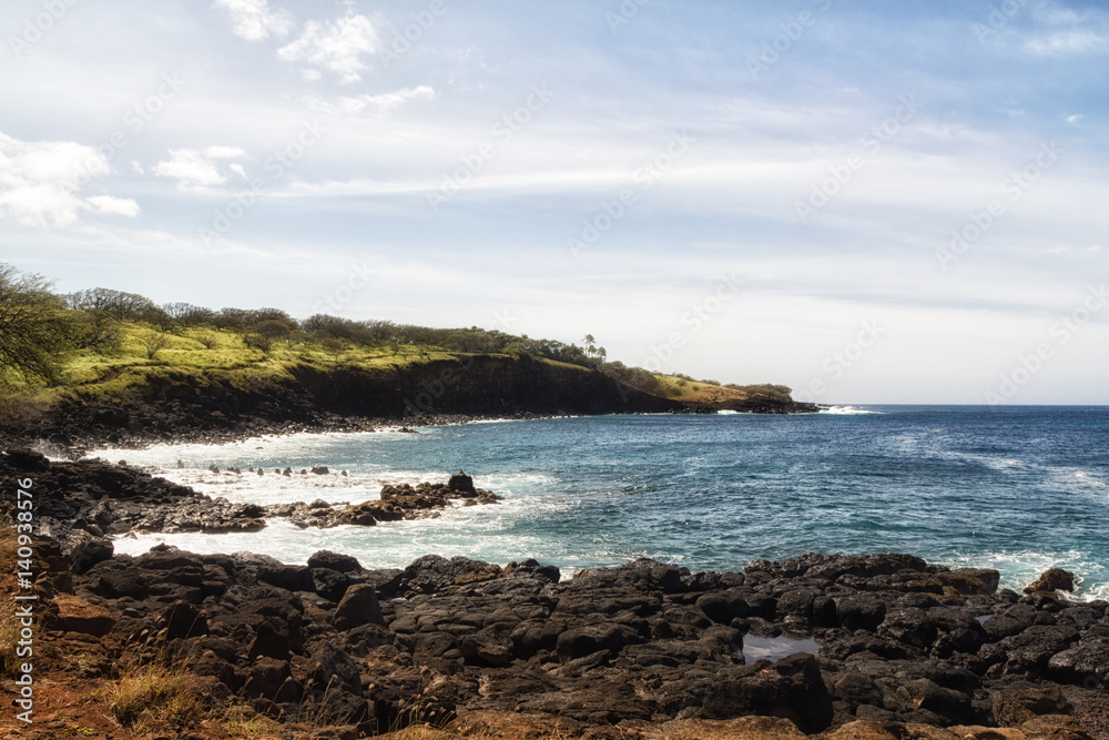 Pacific Ocean coastal land Hawaii with solidified lava Pacific Ocean coastal land Hawaii with solidified lava