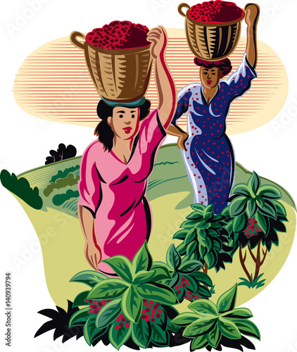 Girls with baskets of coffee.