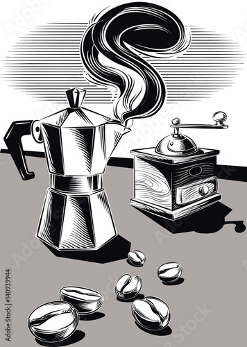 steaming coffee pot some coffee beans and an old coffee grinder.