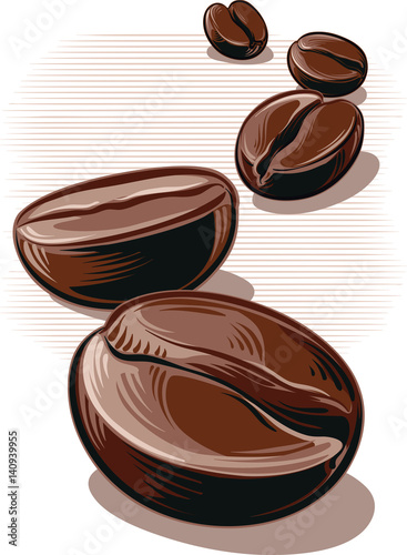 Coffee beans, roasted on a white background.