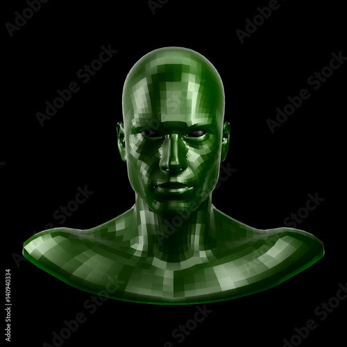 3D rendering. Faceted green robot face with black eyes looking front on camera.