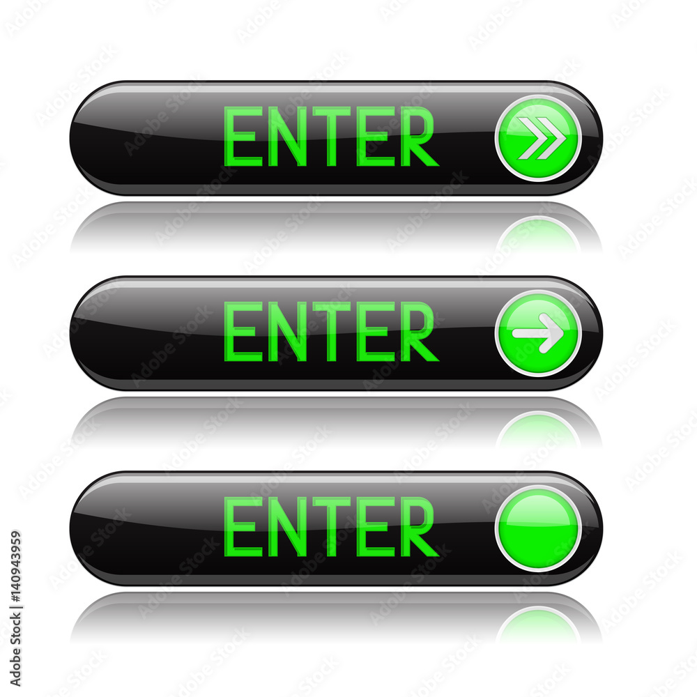 Black glass button ENTER with green signs Black glass button ENTER with green signs