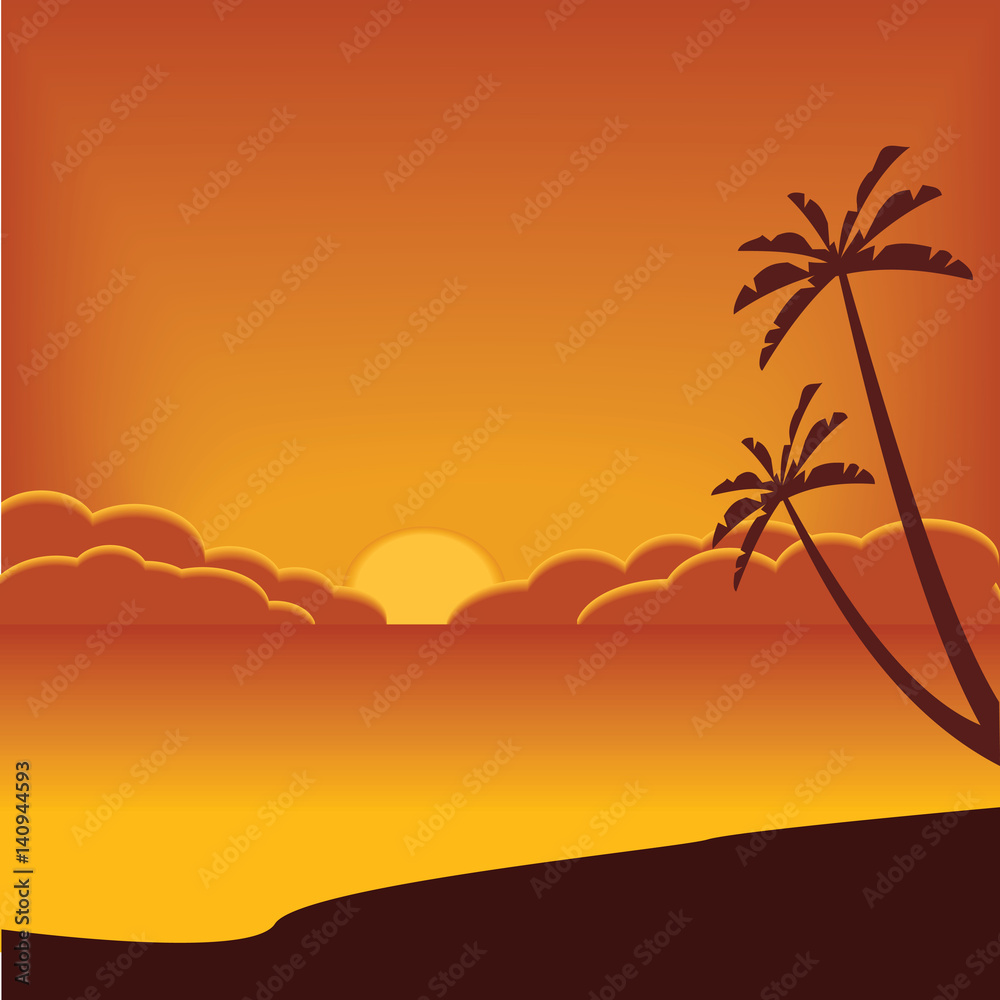 Background, natural landscape: orange sky, sea and beach. Vector image