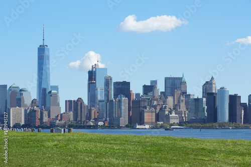 New York city skyline and green grass in a clear sunny day  © andersphoto