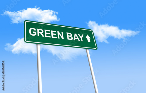 Road sign - Green Bay. Green road sign  signpost  on blue sky background.  3D-Illustration   