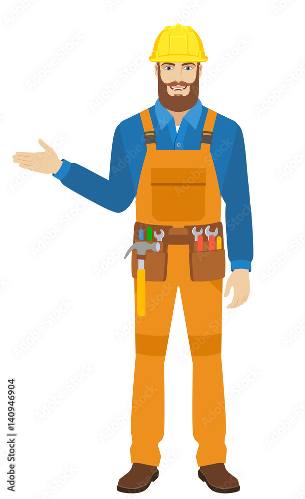 Worker shows something beside of him Worker shows something beside of him