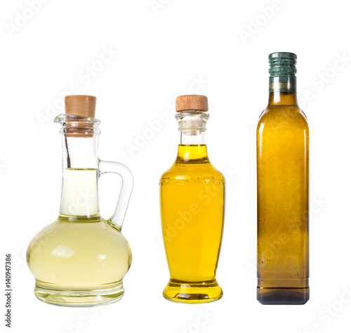 Set of extra virgin olive oil and sunflowerseed oil jars on a white background,bottle oil plastic big ,Bottle for new design,Small bottle of oil with cork stopper,oil concept