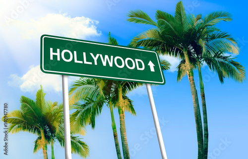 Road sign - Hollywood. Green road sign (signpost) on blue sky background. (3D-Illustration)   © sky_diez