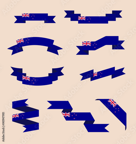 Vector set of scrolled isolated ribbons or banners in colors and with symbols of New Zealand flag.