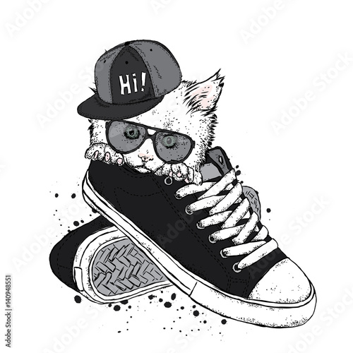 Lovely kitten sitting in sneakers. Vector illustration.