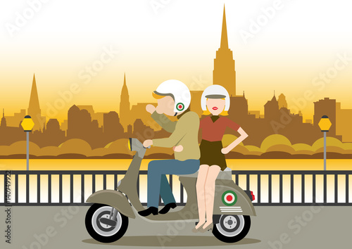 Simple cartoon illustration of man and woman ride scooter at sunset