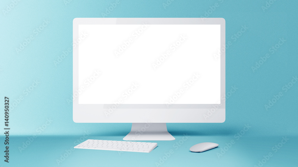 Desktop with blank white computer screen. Mock up Desktop with blank white computer screen. Mock up